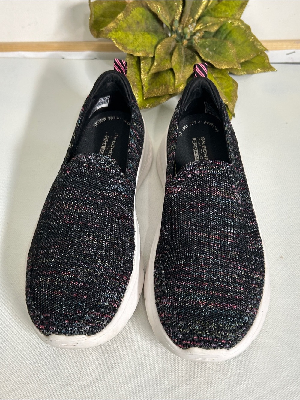 Skechers Black Knit Slip-On Sneakers with Pink Accents